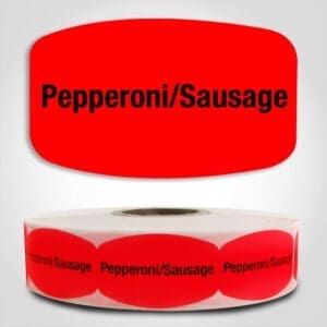 Pepperoni and Sausage Label Dayglo Red Sticker on a roll of 1000 permanent adhesive