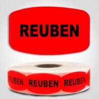 Reuben Label Dayglo Red Sticker on a roll of 1000 permanent adhesive