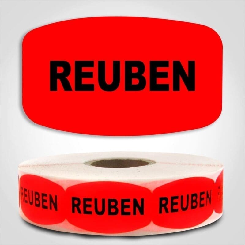 Reuben Label Dayglo Red Sticker on a roll of 1000 permanent adhesive
