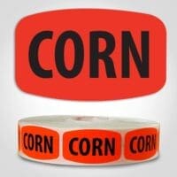 Corn Label Dayglo Red Sticker on a roll of 1000 permanent adhesive