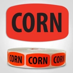 Corn Label Dayglo Red Sticker on a roll of 1000 permanent adhesive