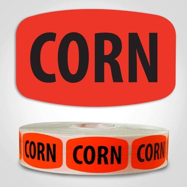 Corn Label Dayglo Red Sticker on a roll of 1000 permanent adhesive