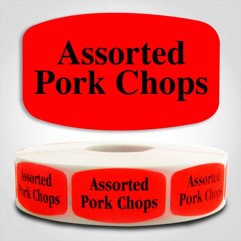 540003-1 Assorted Pork Chops Label Dayglo Red Sticker on a roll of 1000 permanent adhesive