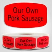 our own pork sausage butcher Label Red Dayglo Sticker