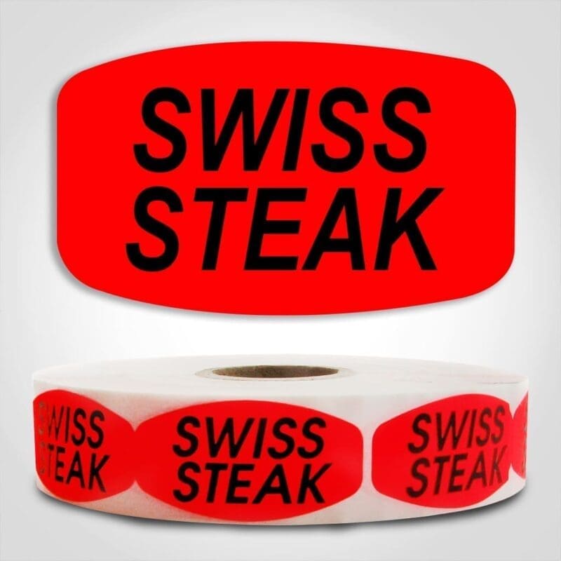 Swiss Steak Label Dayglo Red Sticker on a roll of 1000 permanent adhesive