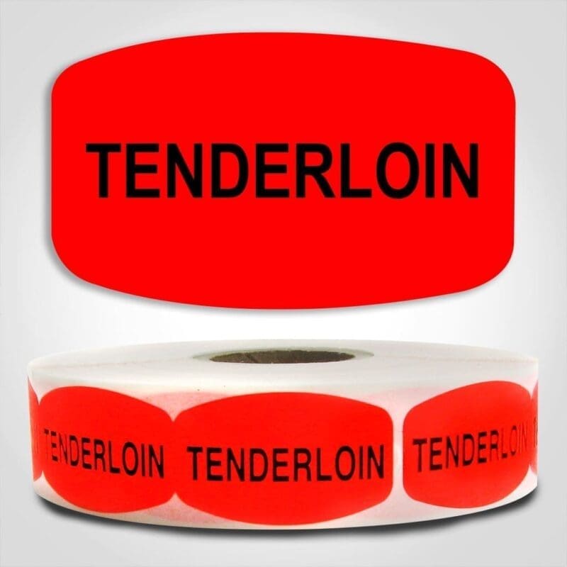 Tenderloin Label Dayglo Red Sticker on a roll of 1000 permanent adhesive