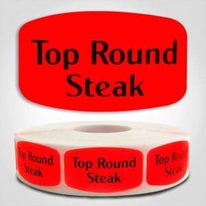 Top Round Steak Label Dayglo Red Sticker on a roll of 1000 permanent adhesive