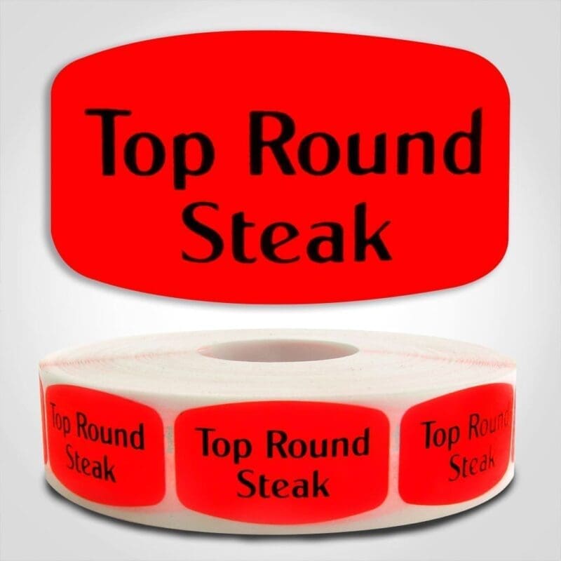 540120-1 Top Round Steak Label Dayglo Red Sticker on a roll of 1000 permanent adhesive