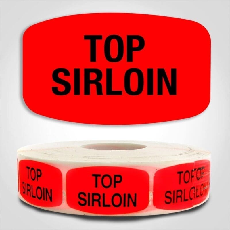 Top Sirloin Label Dayglo Red Sticker on a roll of 1000 permanent adhesive