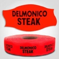 Delmonico Steak Label Dayglo Red Sticker on a roll of 1000 permanent adhesive