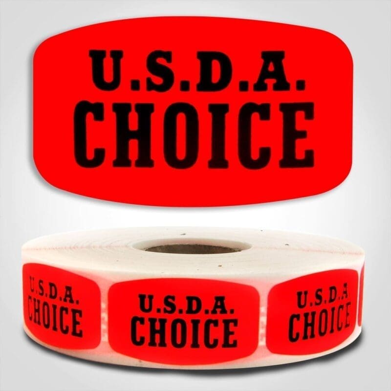 USDA Choice Label Dayglo Red Sticker on a roll of 1000 permanent adhesive