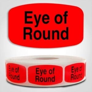 Eye of Round Butcher Label Dayglo Red Sticker on a roll of 1000 permanent adhesive