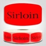 Sirloin Label Dayglo Red Sticker on a roll of 1000 permanent adhesive
