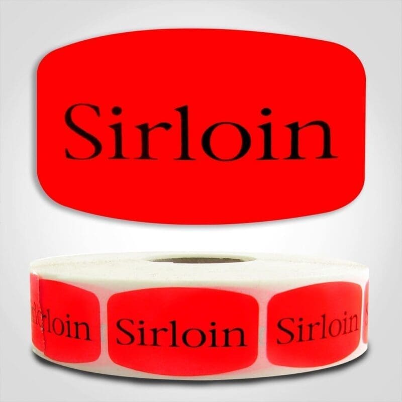 Sirloin Label Dayglo Red Sticker on a roll of 1000 permanent adhesive