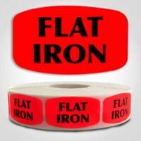Flat Iron Butcher Label Dayglo Red Sticker on a roll of 1000 permanent adhesive