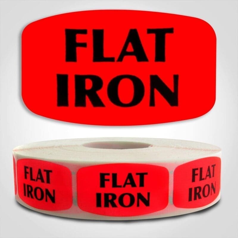 Flat Iron Butcher Label Dayglo Red Sticker on a roll of 1000 permanent adhesive