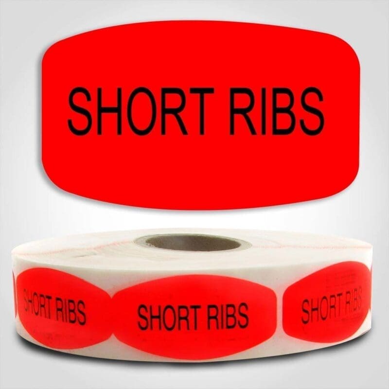 540144 Short Ribs Label Dayglo Red Sticker on a roll of 1000 permanent adhesive