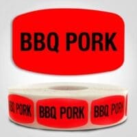 BBQ Pork Label Dayglo Red Sticker on a roll of 1000 permanent adhesive