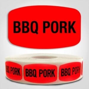 BBQ Pork Label Dayglo Red Sticker on a roll of 1000 permanent adhesive
