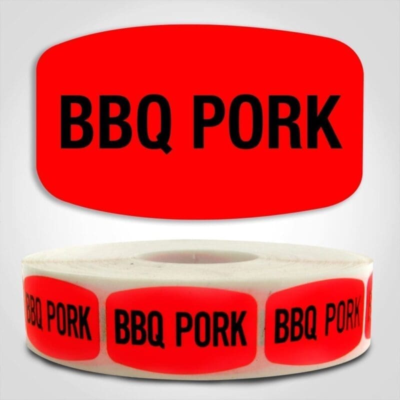 540153 BBQ Pork Label Dayglo Red Sticker on a roll of 1000 permanent adhesive