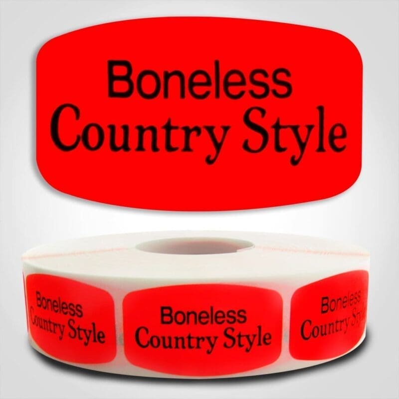 Boneless Country Style Label Dayglo Red Sticker on a roll of 1000 permanent adhesive