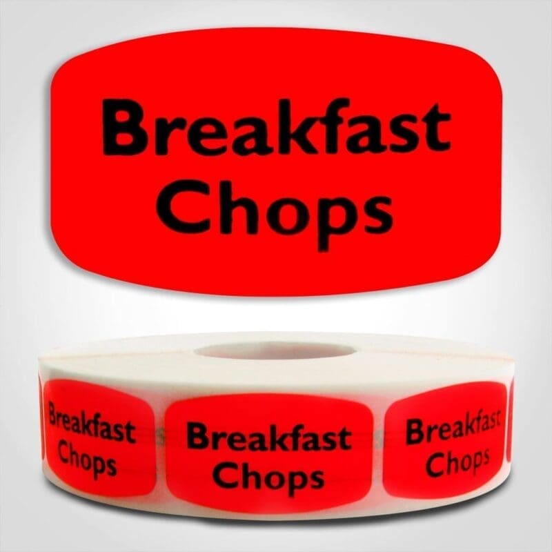 Breakfast Chops Label Dayglo Red Sticker on a roll of 1000 permanent adhesive