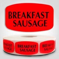 Breakfast Sausage Label Dayglo Red Sticker on a roll of 1000 permanent adhesive