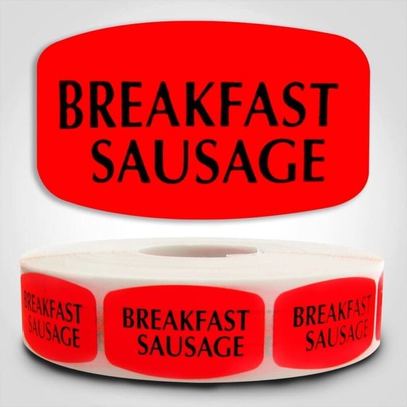 Breakfast Sausage Label Dayglo Red Sticker on a roll of 1000 permanent adhesive