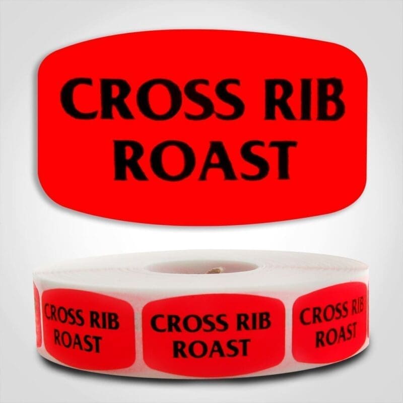 Cross Rib Roast Label Dayglo Red Sticker on a roll of 1000 permanent adhesive