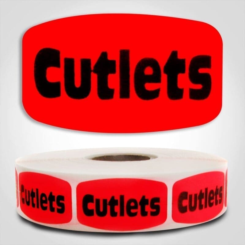 Cutlets Label Dayglo Red Sticker on a roll of 1000 permanent adhesive