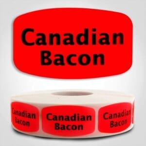 Canadian Bacon Label Dayglo Red Sticker on a roll of 1000 permanent adhesive