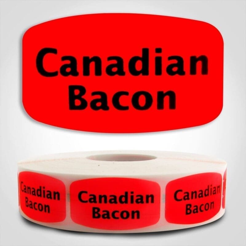 Canadian Bacon Label Dayglo Red Sticker on a roll of 1000 permanent adhesive