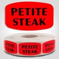 Petite Steak Label Dayglo Red Sticker on a roll of 1000 permanent adhesive