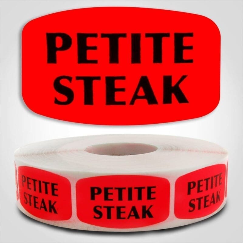 Petite Steak Label Dayglo Red Sticker on a roll of 1000 permanent adhesive