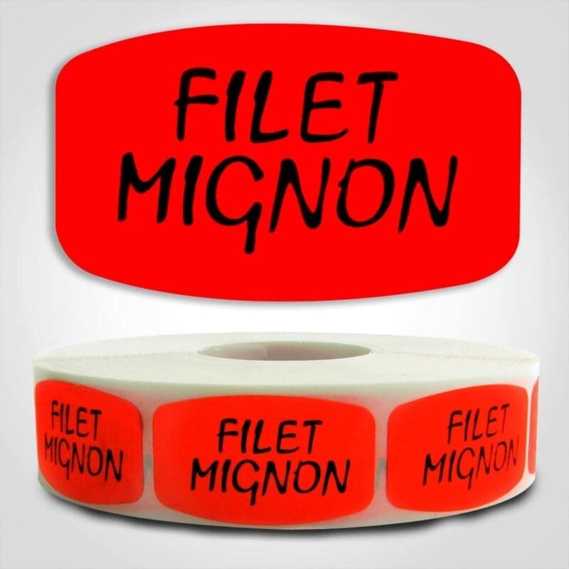 Filet Mignon Label Dayglo Red Sticker on a roll of 1000 permanent adhesive