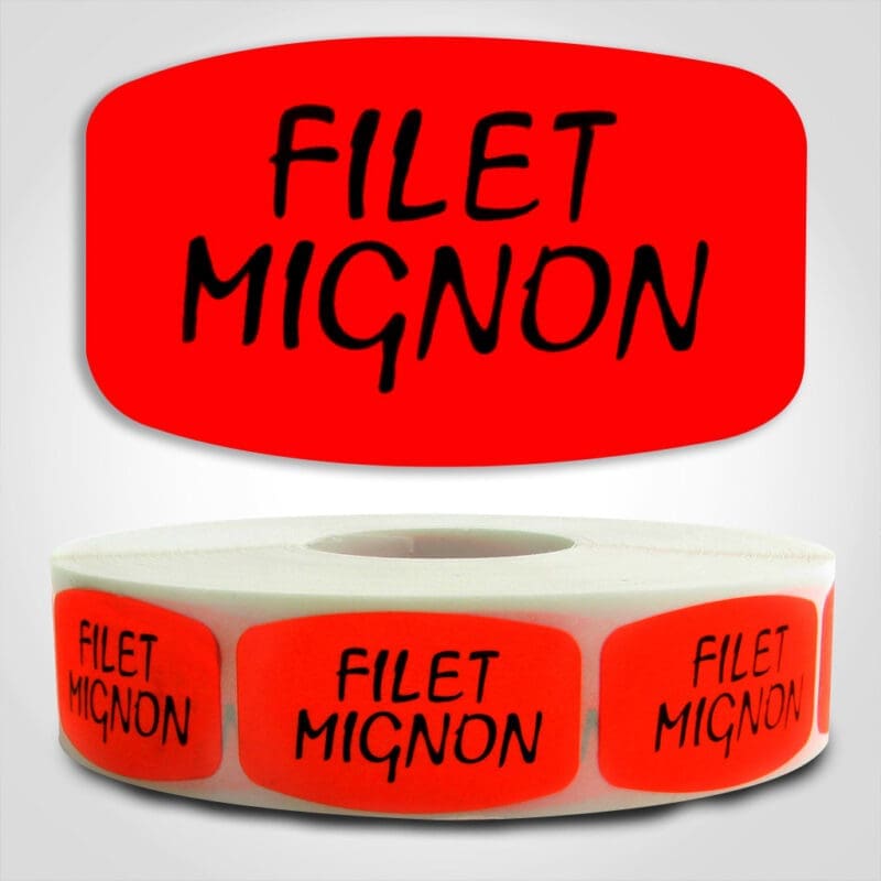 540216-1 Filet Mignon Label Dayglo Red Sticker on a roll of 1000 permanent adhesive