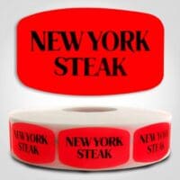 New York Steak Label Dayglo Red Sticker on a roll of 1000 permanent adhesive