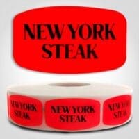 New York Steak Label Dayglo Red Sticker on a roll of 1000 permanent adhesive