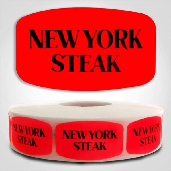 New York Steak Label Dayglo Red Sticker on a roll of 1000 permanent adhesive