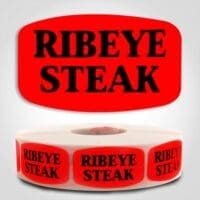 Ribeye Steak Label Dayglo Red Sticker on a roll of 1000 permanent adhesive