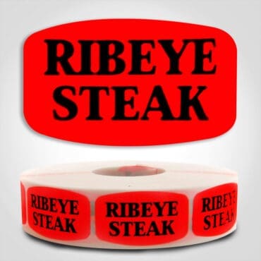 Ribeye Steak Label Dayglo Red Sticker on a roll of 1000 permanent adhesive