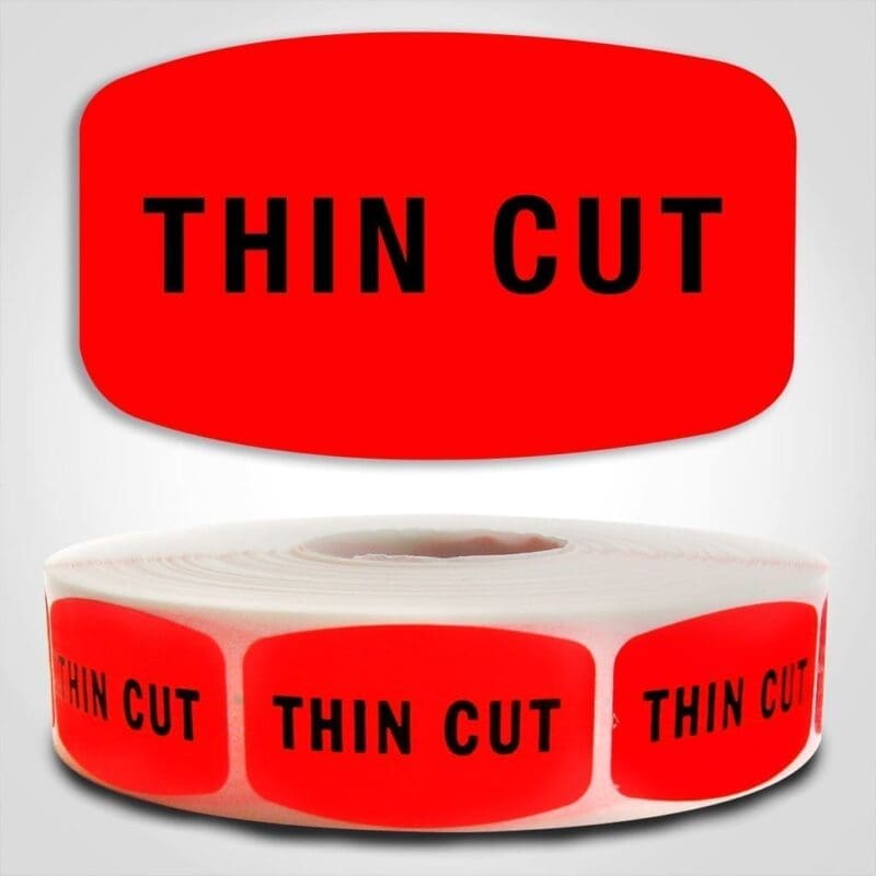 Thin Cut Label Dayglo Red Sticker on a roll of 1000 permanent adhesive