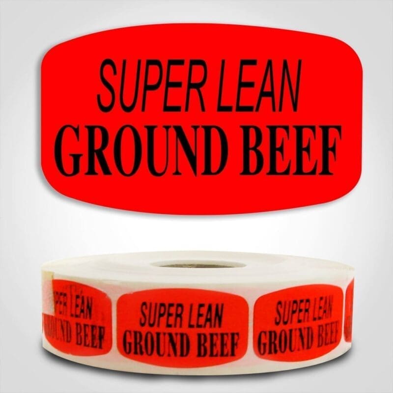 540225-1 Super Lean Ground Beef Label Dayglo Red Sticker on a roll of 1000 permanent adhesive