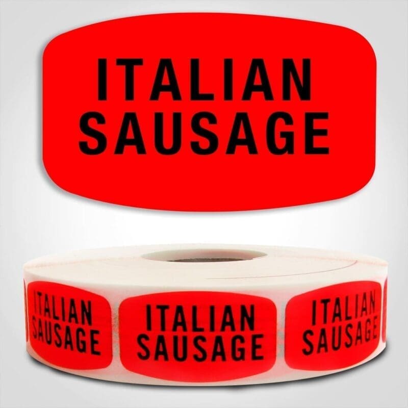 Italian Sausage Label Dayglo Red Sticker on a roll of 1000 permanent adhesive