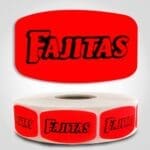 Fajitas Label Dayglo Red Sticker on a roll of 1000 permanent adhesive