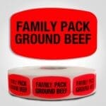 Family Pack Ground Beef Label Dayglo Red Sticker on a roll of 1000 permanent adhesive