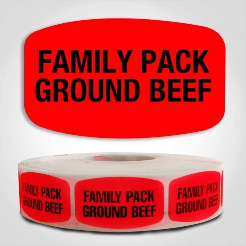 Family Pack Ground Beef Label Dayglo Red Sticker on a roll of 1000 permanent adhesive