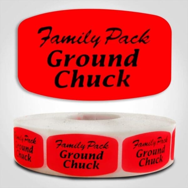 Family Pack Ground Chuck Label Dayglo Red Sticker on a roll of 1000 permanent adhesive