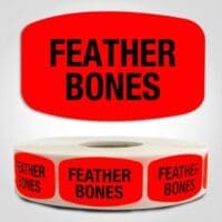 Feather Bones Label Dayglo Red Sticker on a roll of 1000 permanent adhesive