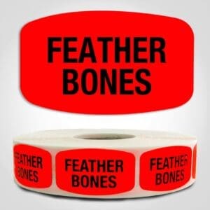 Feather Bones Label Dayglo Red Sticker on a roll of 1000 permanent adhesive